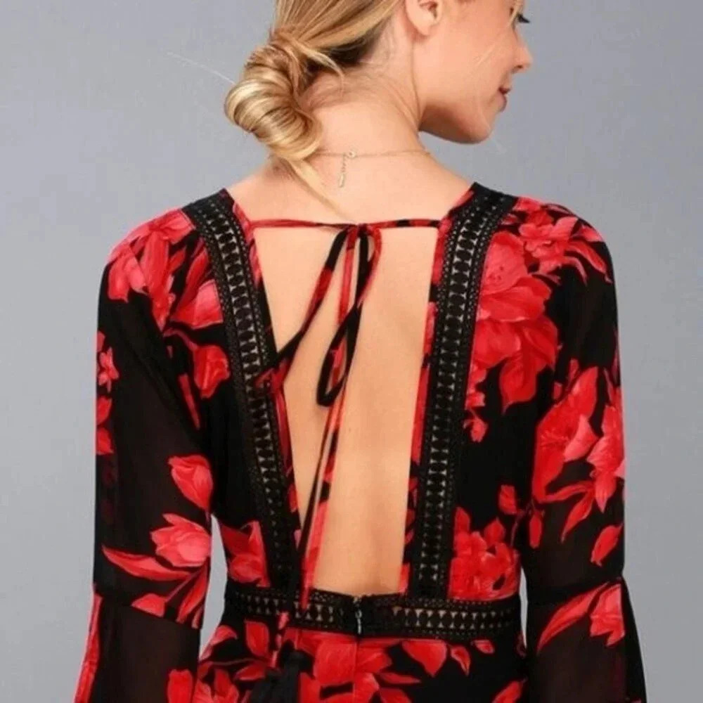 Lulu’s Feel the Love Black & Red Floral Print Bell Sleeve Size S - Picture 6 of 16